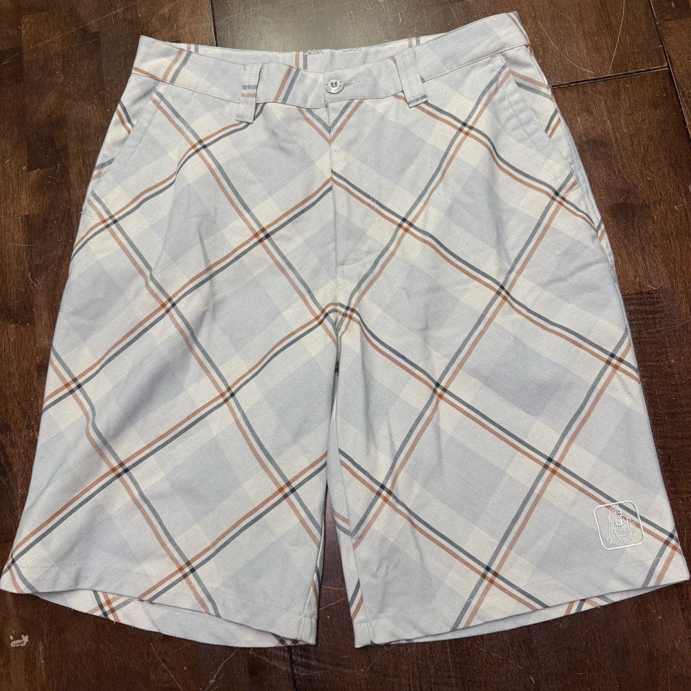 Katin Surf Co Flat Front‎ Chino Shorts. Brown Plaid, Surfer Logo Men's 32